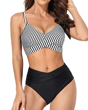 2 Piece Criss Cross Push Up Wrap Bikini Set High Waisted Bottom -Black And White Stripe