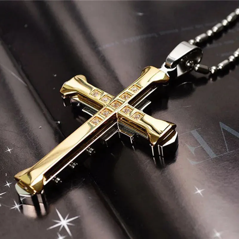 2024 New Male Crystal Cross Jesus Pendant Gold/Black/Blue Color Zirconia Cross Pendant Necklace Stainless Steel Jewelry