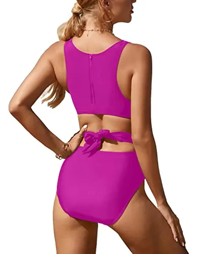 Adjustable Straps Tummy Control Cutout Monokini-Hot Pink