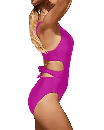 Adjustable Straps Tummy Control Cutout Monokini-Hot Pink