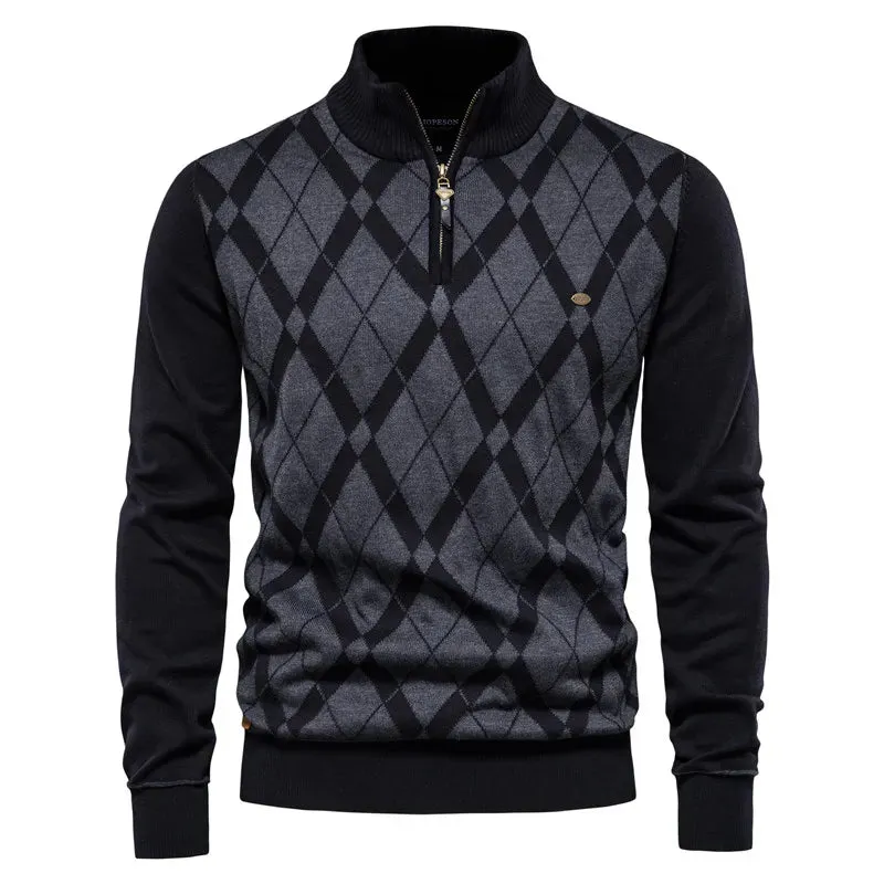 Argyle Pattern Cotton Zipper Sweater