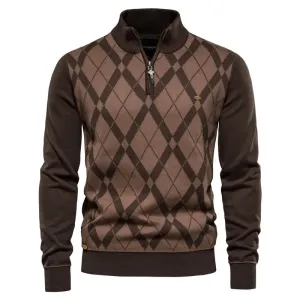 Argyle Pattern Cotton Zipper Sweater