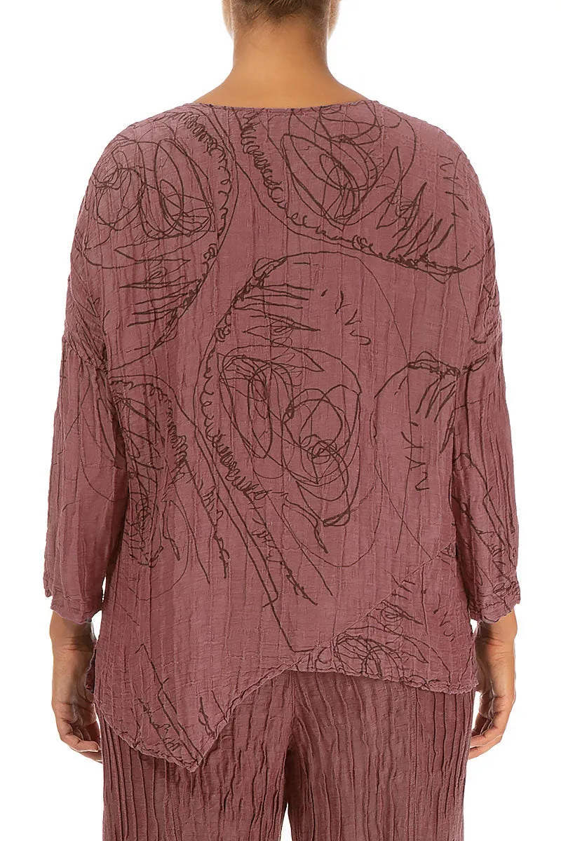 Asymmetric Crinkled Dusty Rose Abstract Draw Silk Blouse