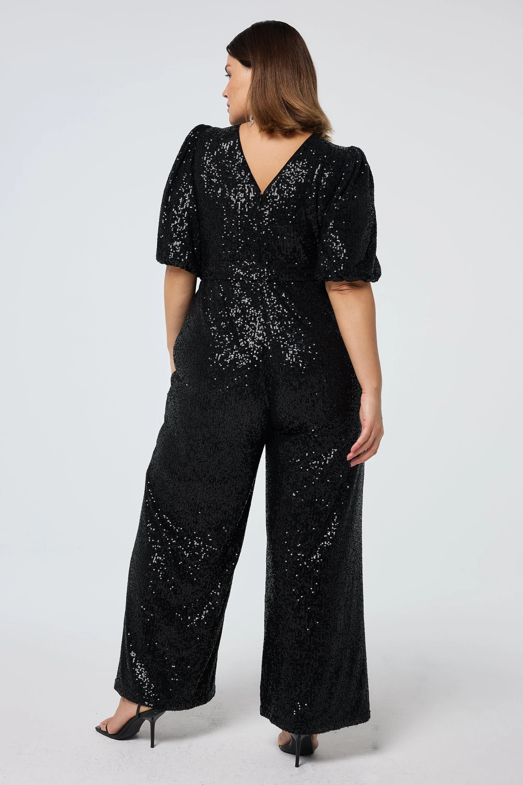 Black Sequin Puff Sleeve Wide Leg Jumpsuit