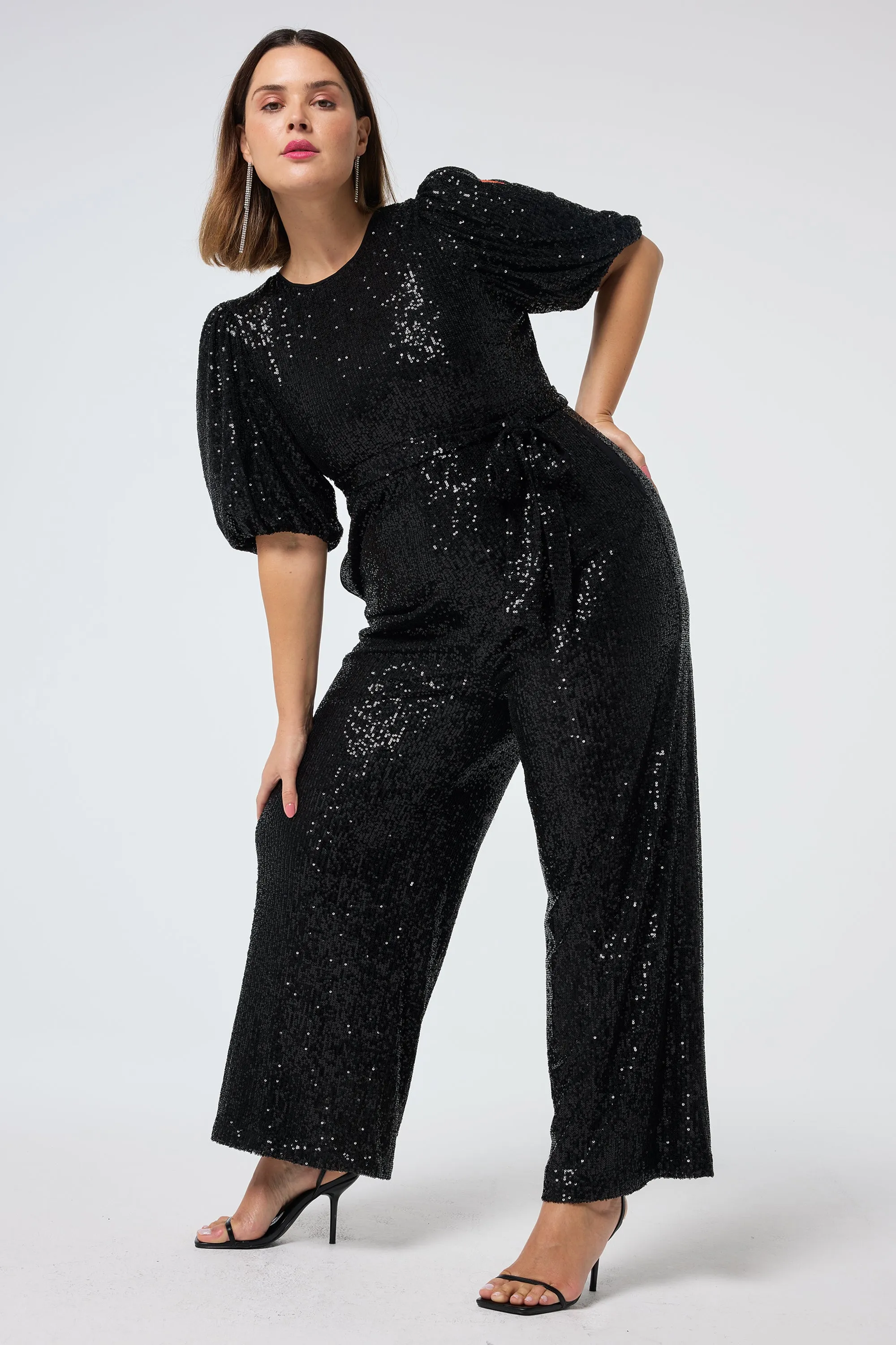 Black Sequin Puff Sleeve Wide Leg Jumpsuit