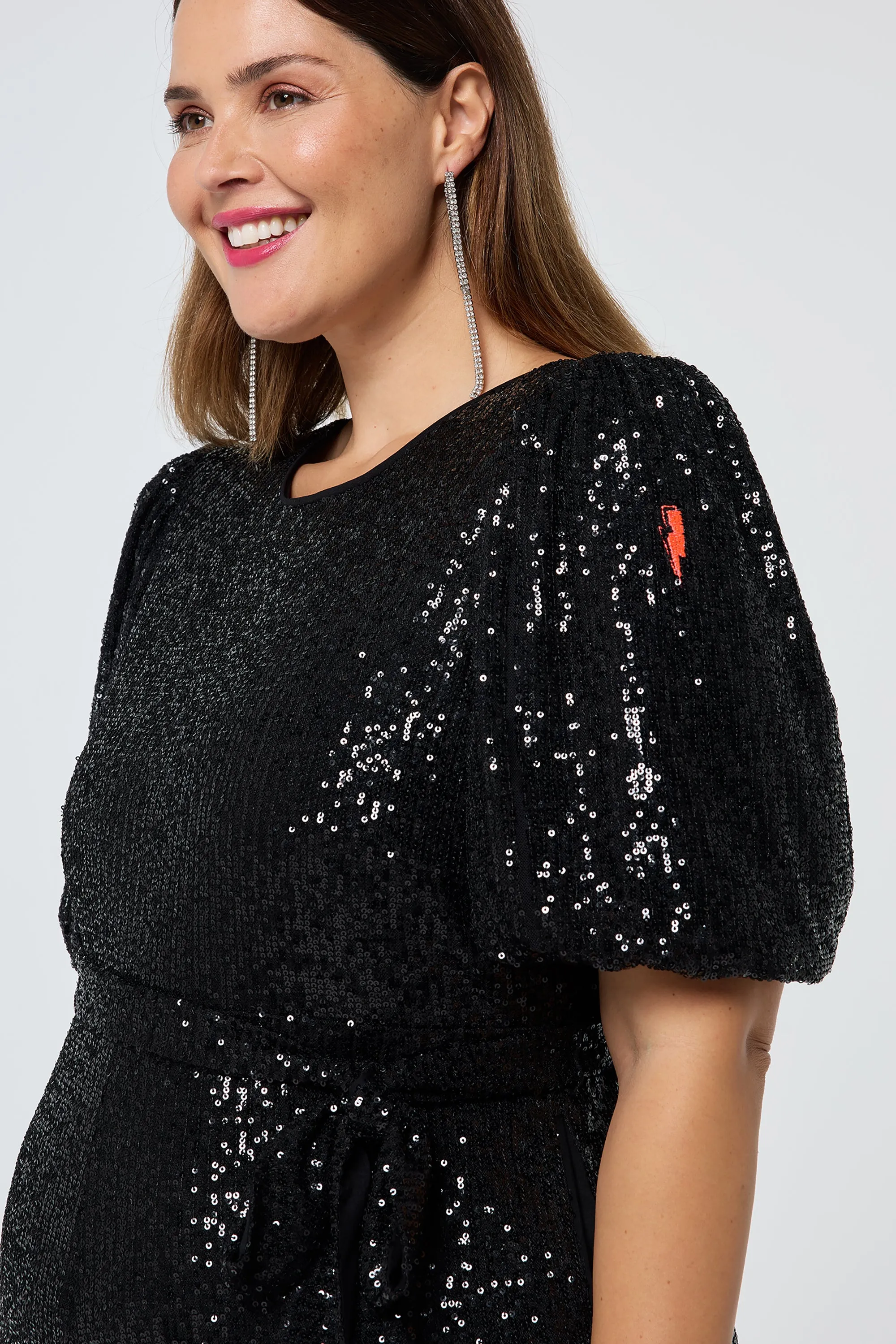 Black Sequin Puff Sleeve Wide Leg Jumpsuit