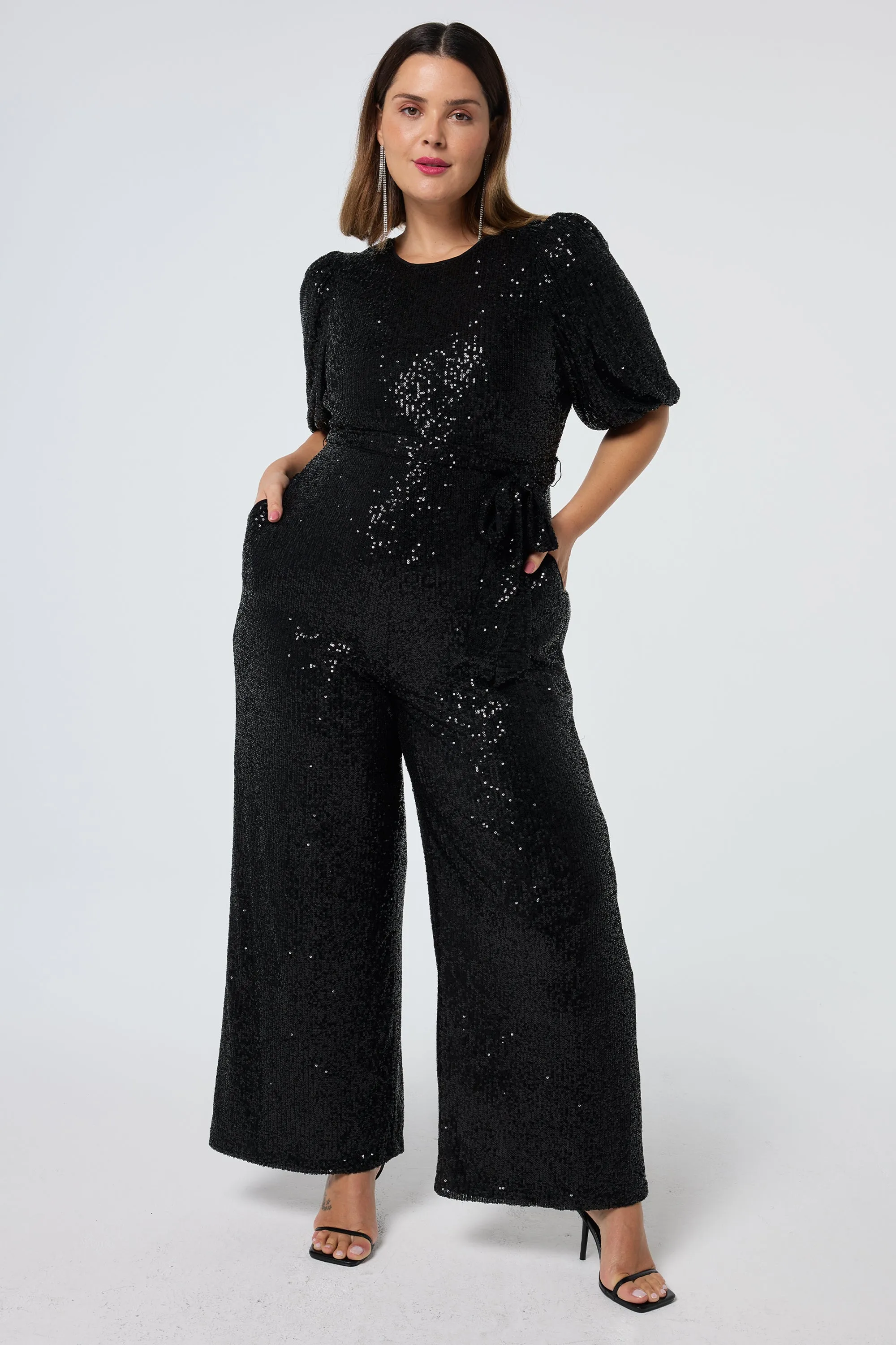 Black Sequin Puff Sleeve Wide Leg Jumpsuit