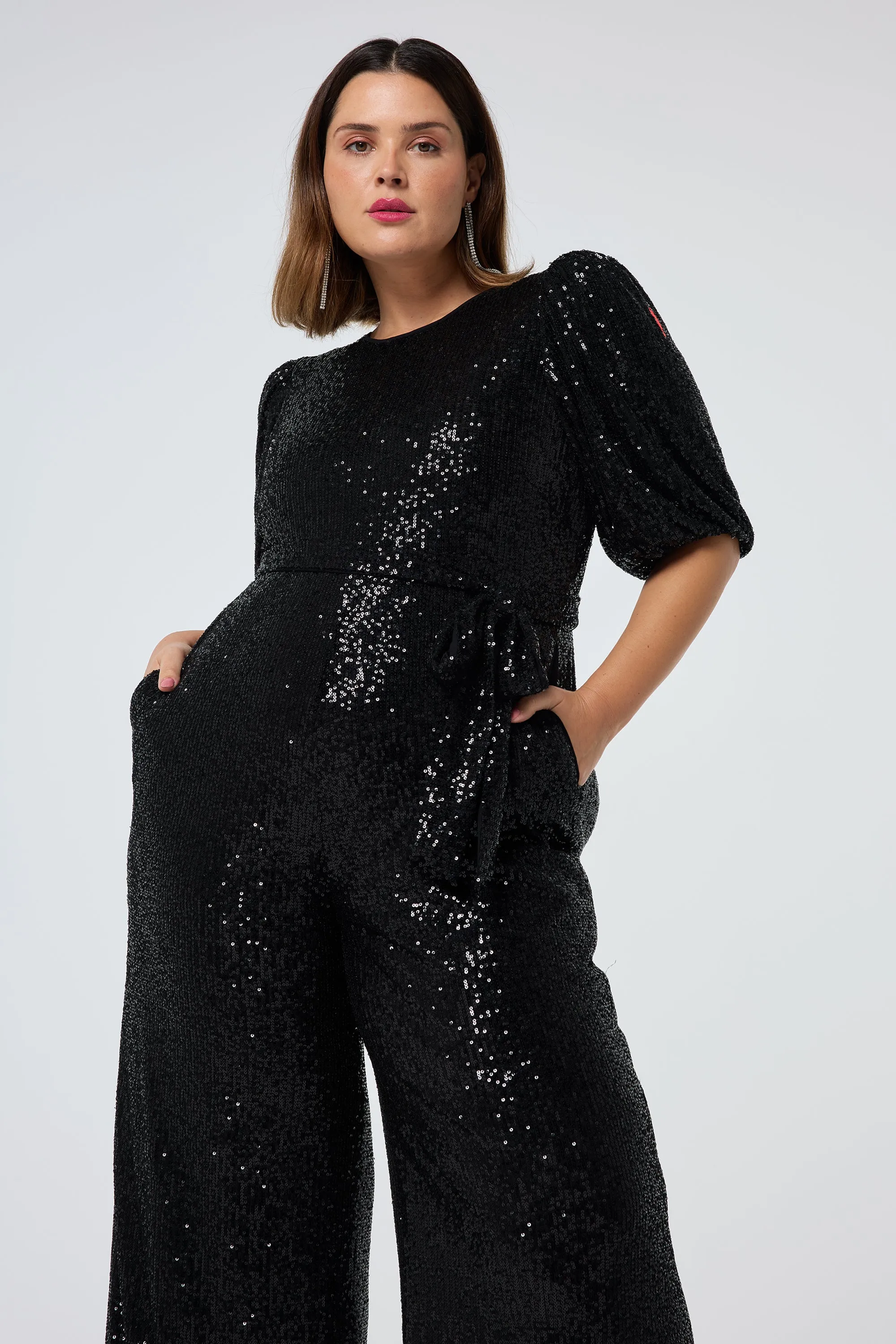 Black Sequin Puff Sleeve Wide Leg Jumpsuit