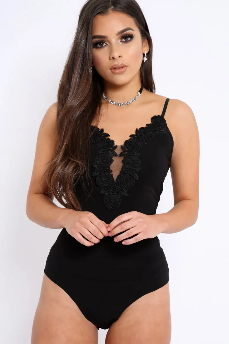 Black Slinky Bodysuit with Floral Embroidery - Adila