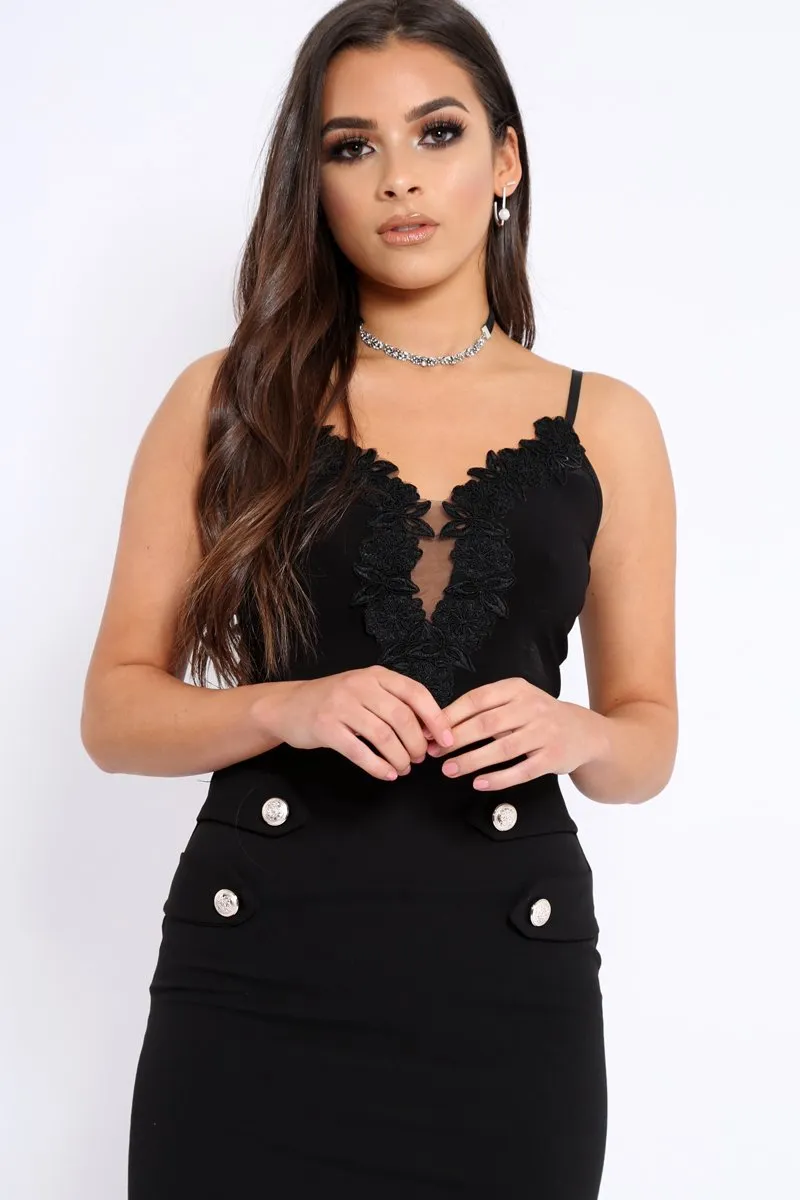 Black Slinky Bodysuit with Floral Embroidery - Adila