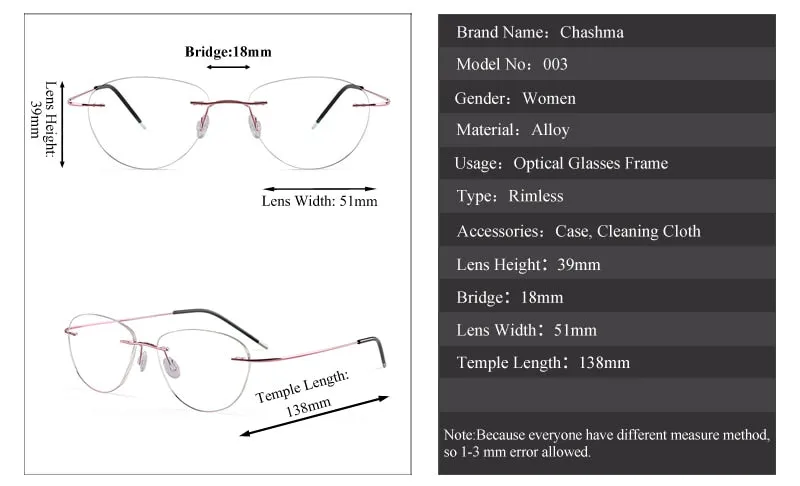 Chashma Ottica Unisex Rimless Triangle Oval Titanium Eyeglasses 003