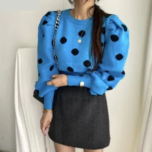 Chic Korean Sweater with Playful Polka Dot Puff Sleeves - Cozy Elegance Redefined