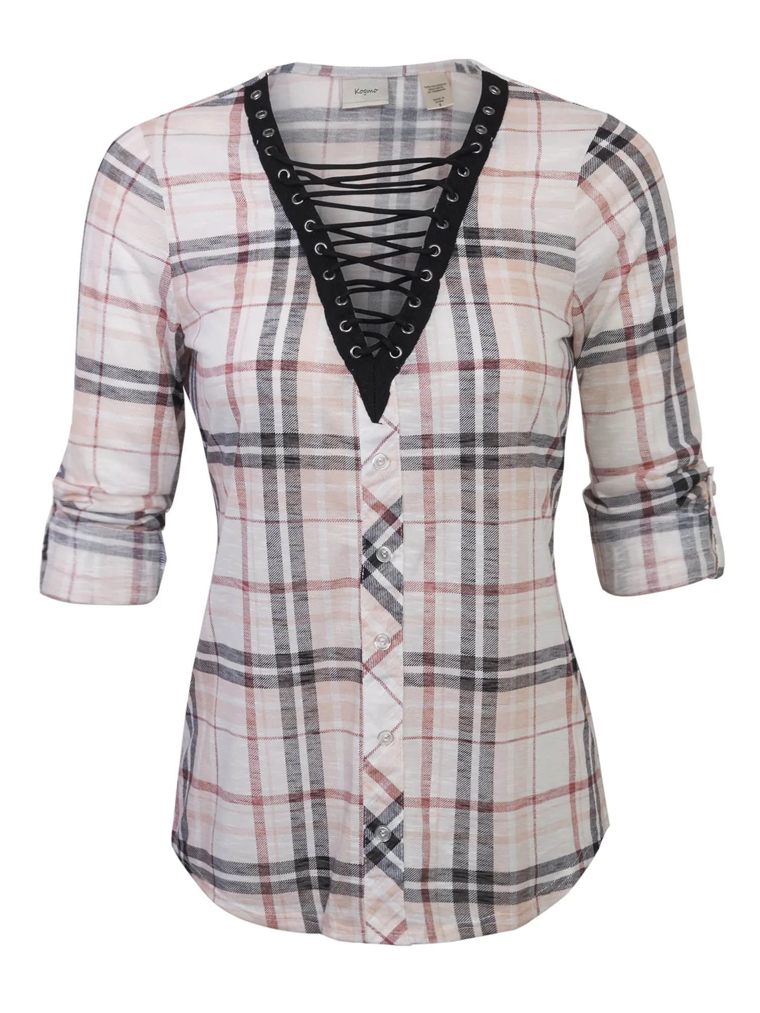 [Clearance] Womens Roll Up Sleeve Lace Up Plaid Knit Top