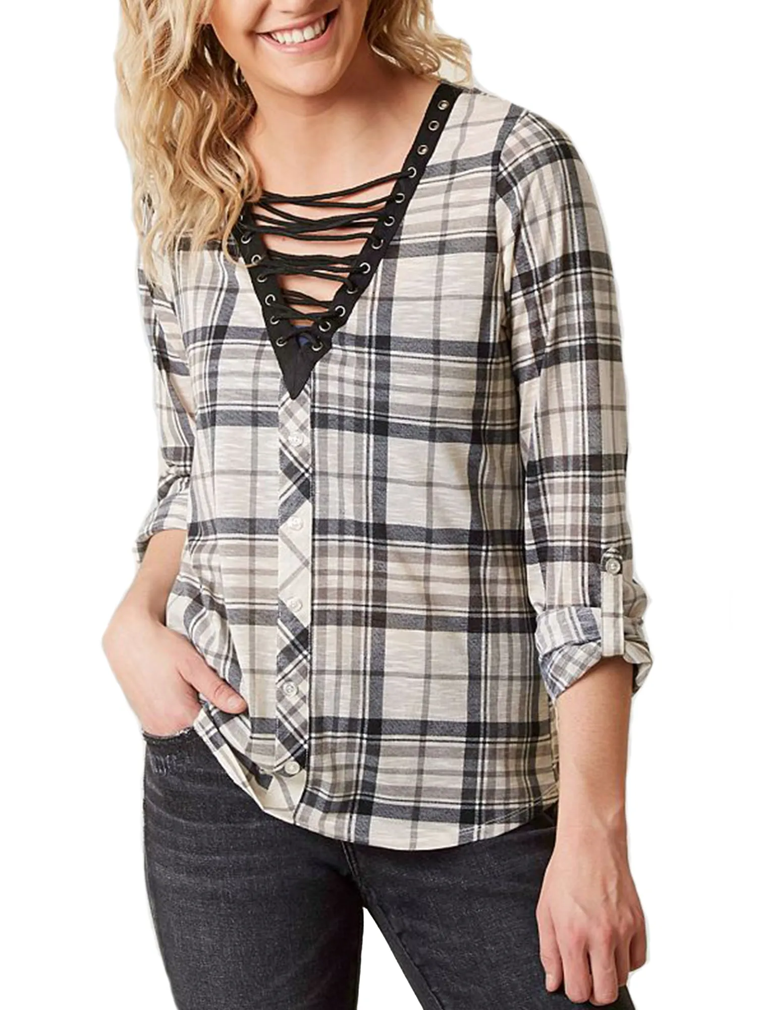 [Clearance] Womens Roll Up Sleeve Lace Up Plaid Knit Top