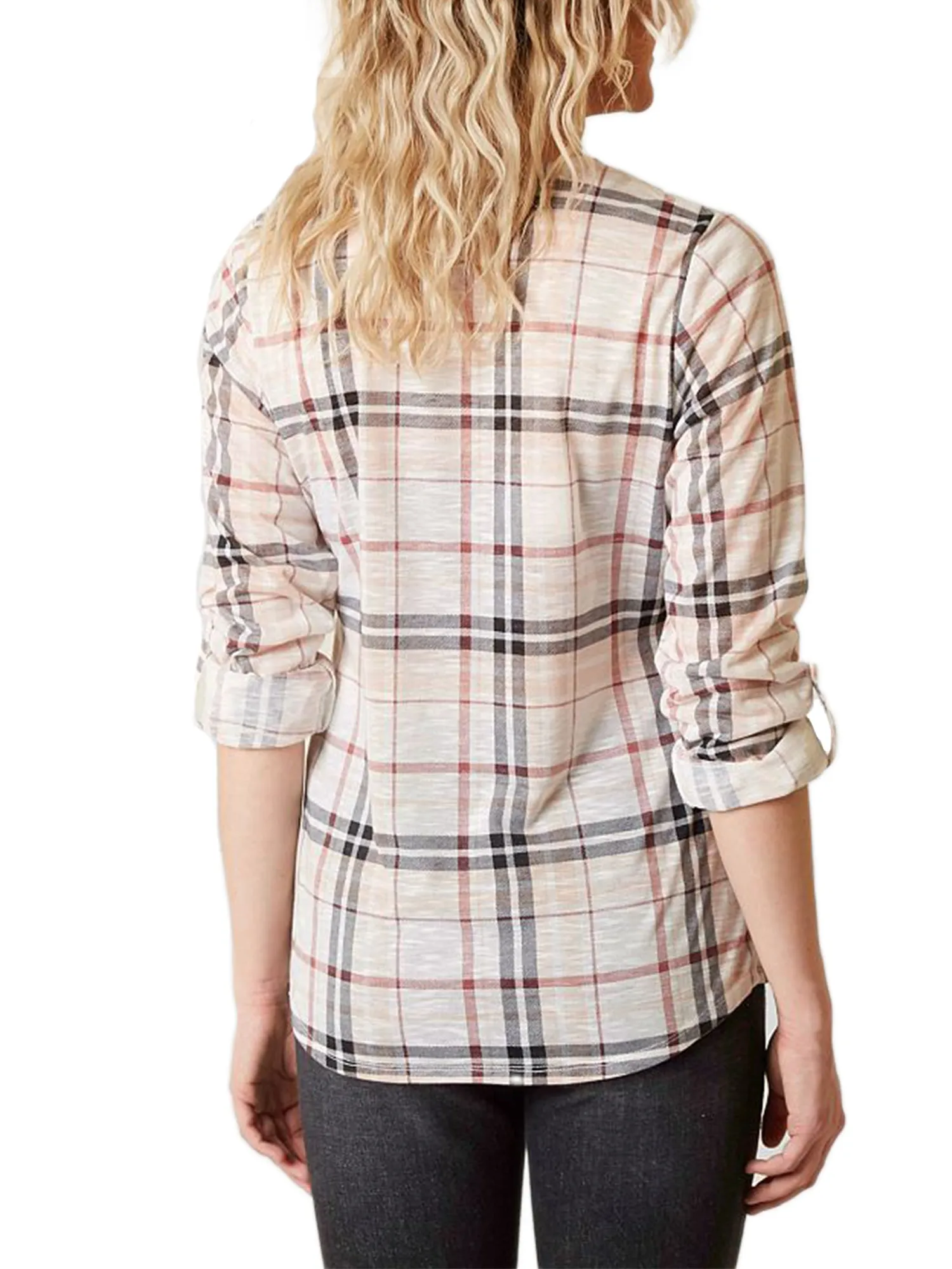 [Clearance] Womens Roll Up Sleeve Lace Up Plaid Knit Top