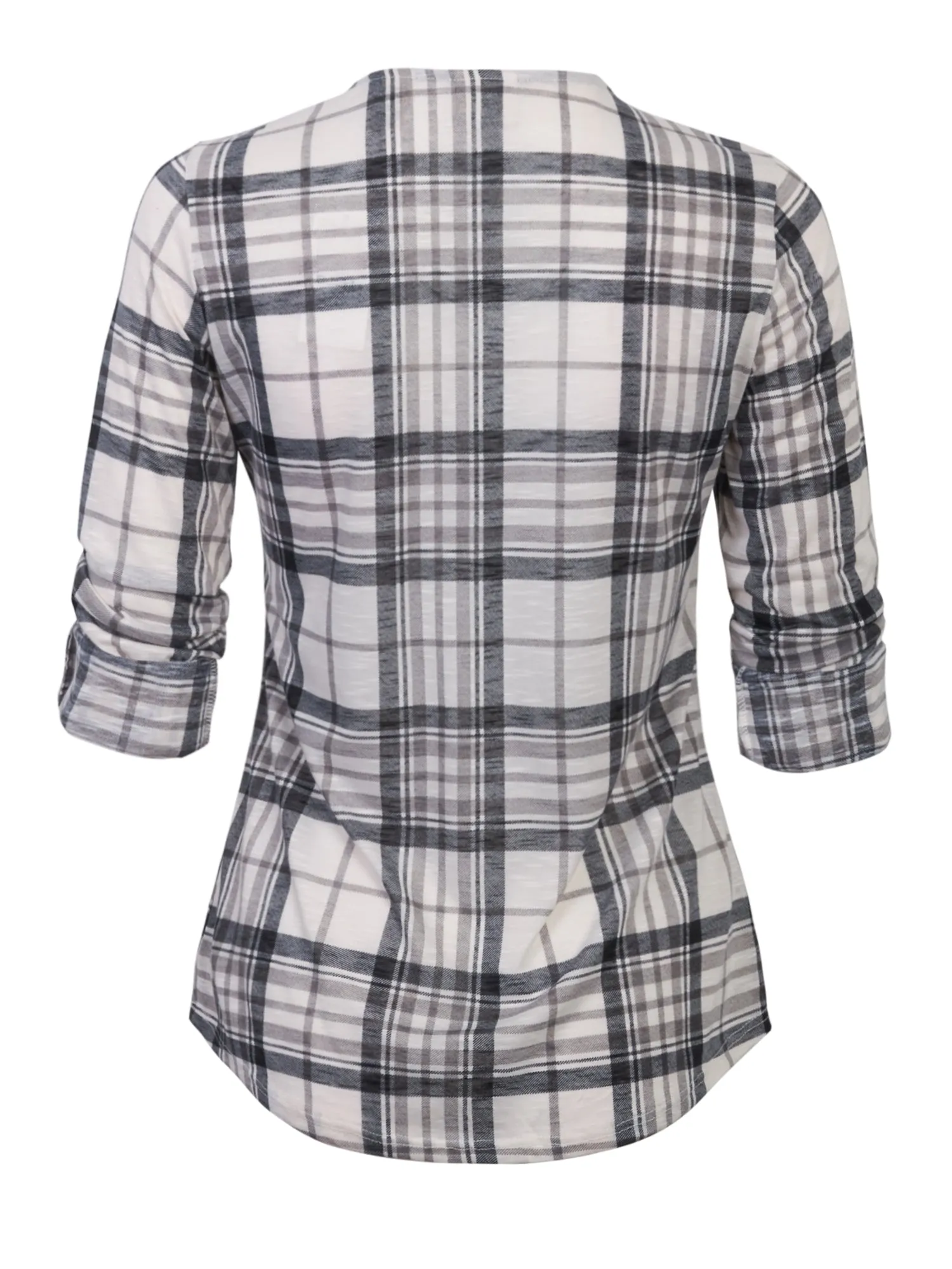 [Clearance] Womens Roll Up Sleeve Lace Up Plaid Knit Top