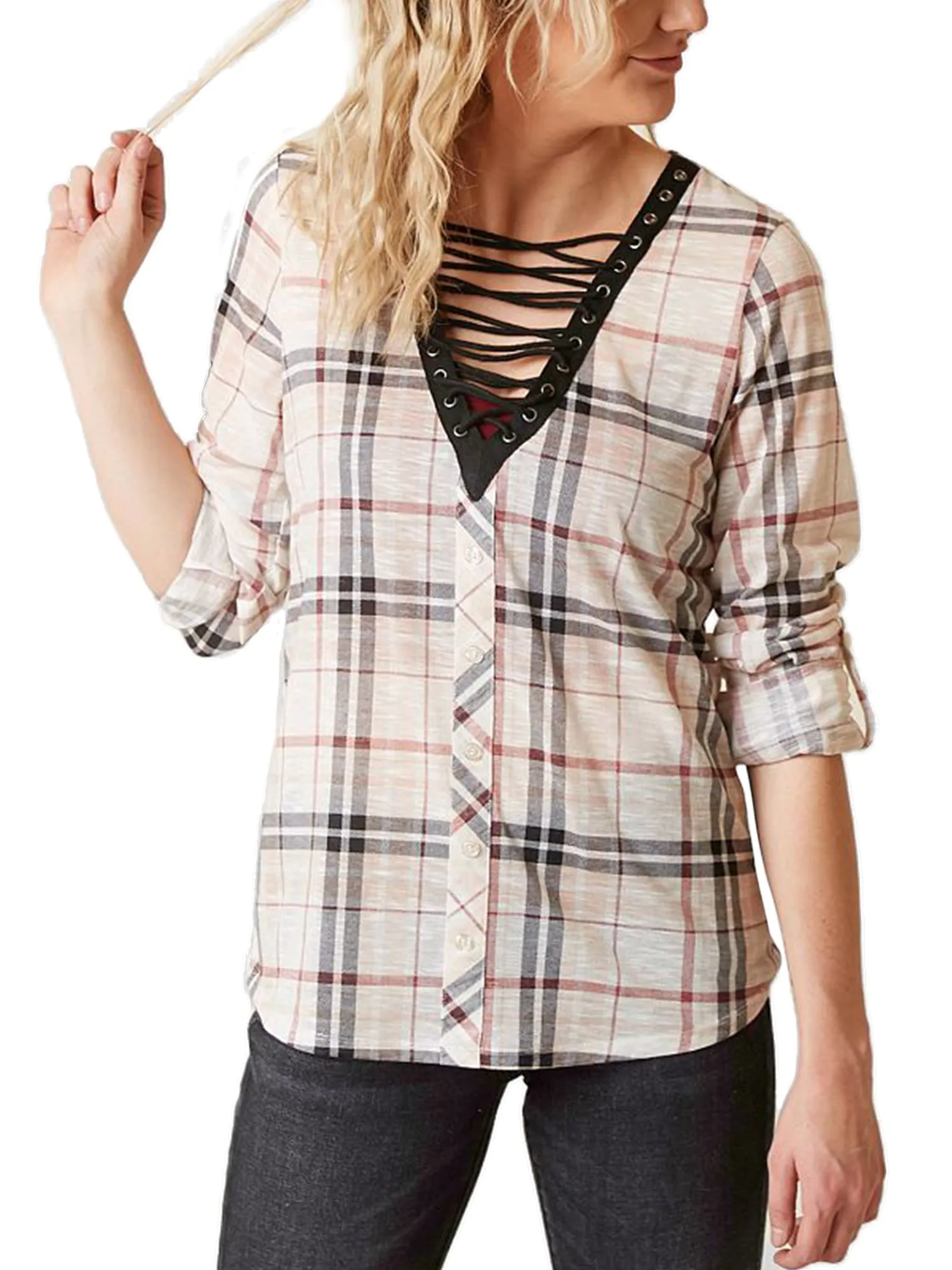 [Clearance] Womens Roll Up Sleeve Lace Up Plaid Knit Top