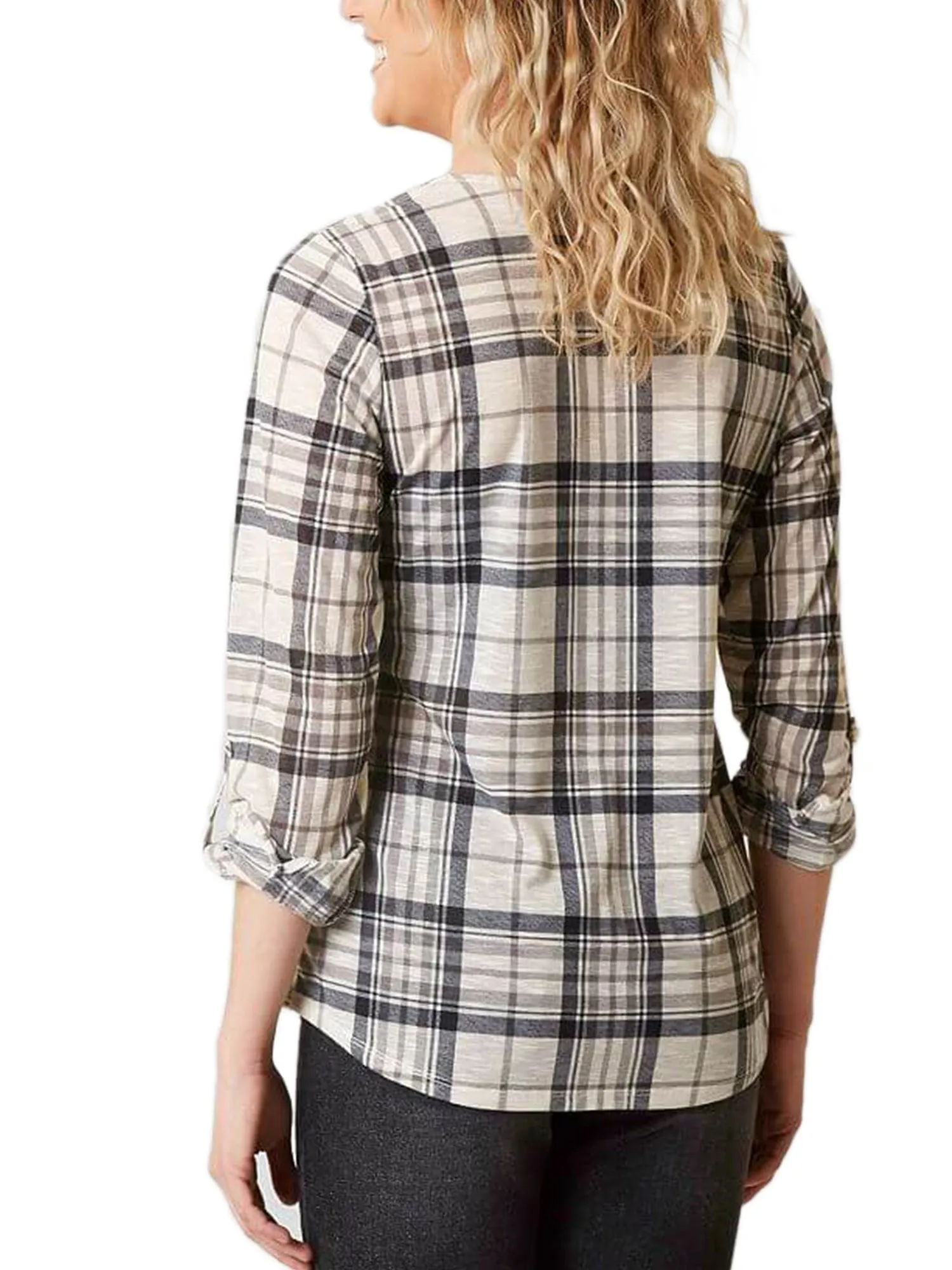 [Clearance] Womens Roll Up Sleeve Lace Up Plaid Knit Top