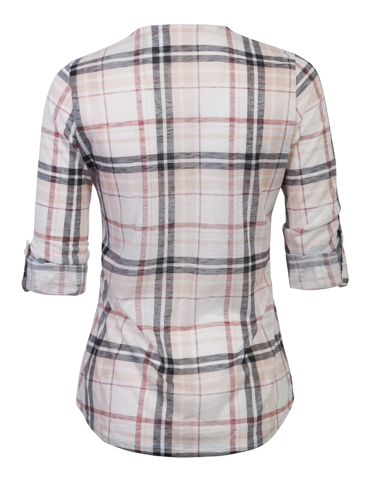 [Clearance] Womens Roll Up Sleeve Lace Up Plaid Knit Top