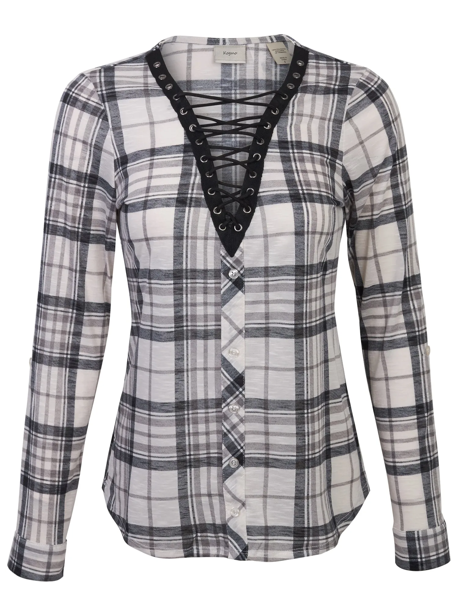 [Clearance] Womens Roll Up Sleeve Lace Up Plaid Knit Top