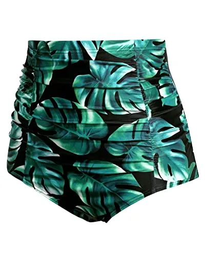 Comfortable High Waisted Tankini Briefs Tummy Control Ruched Swim Shorts-Green Leaf