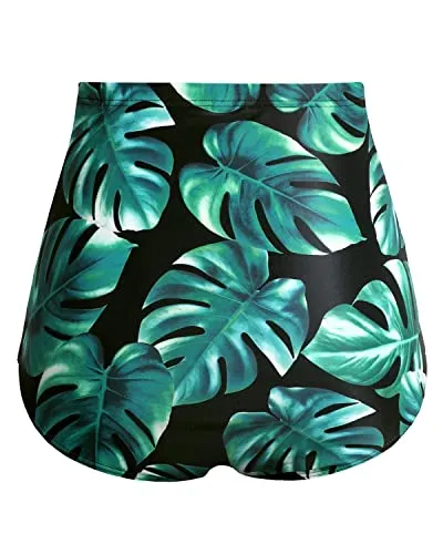 Comfortable High Waisted Tankini Briefs Tummy Control Ruched Swim Shorts-Green Leaf