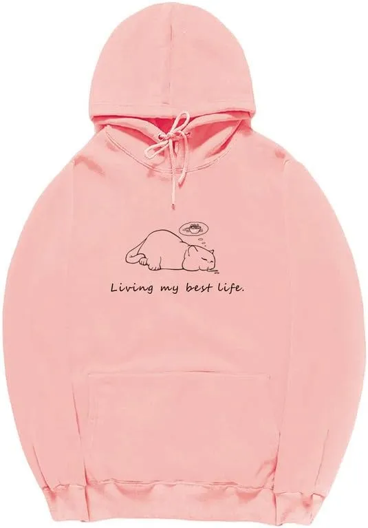 CORIRESHA Cute Sleeping Cat Hoodie Casual Drawstring Long Sleeve Cotton Teen Sweatshirt