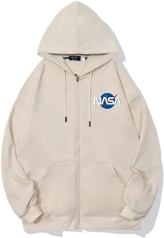 CORIRESHA Fashion NASA Logo Hoodie Zip Up Long Sleeve Drawstring Basic Sweatshirt