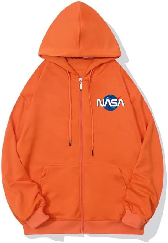 CORIRESHA Fashion NASA Logo Hoodie Zip Up Long Sleeve Drawstring Basic Sweatshirt