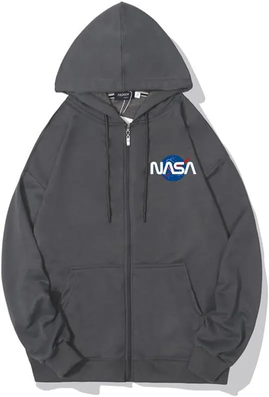 CORIRESHA Fashion NASA Logo Hoodie Zip Up Long Sleeve Drawstring Basic Sweatshirt