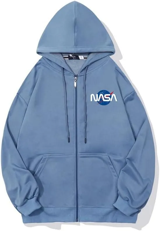 CORIRESHA Fashion NASA Logo Hoodie Zip Up Long Sleeve Drawstring Basic Sweatshirt