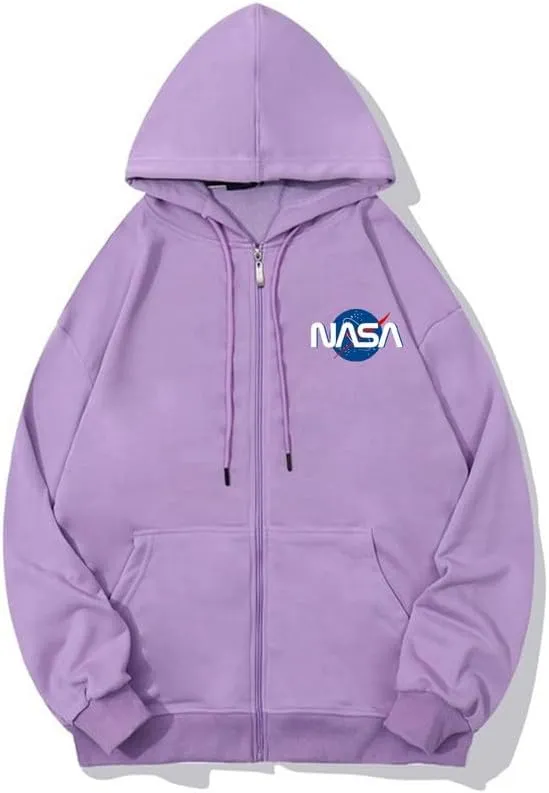 CORIRESHA Fashion NASA Logo Hoodie Zip Up Long Sleeve Drawstring Basic Sweatshirt