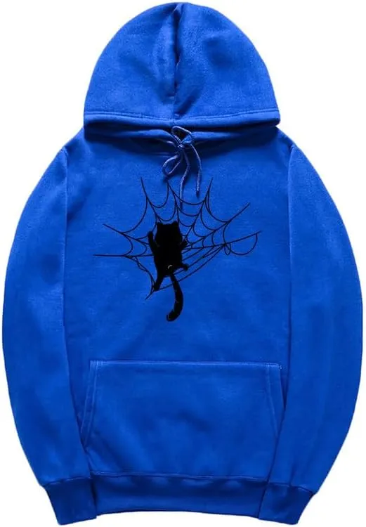 CORIRESHA Halloween Spider Web Hoodie Long Sleeve Drawstring Casual Cat Sweatshirt