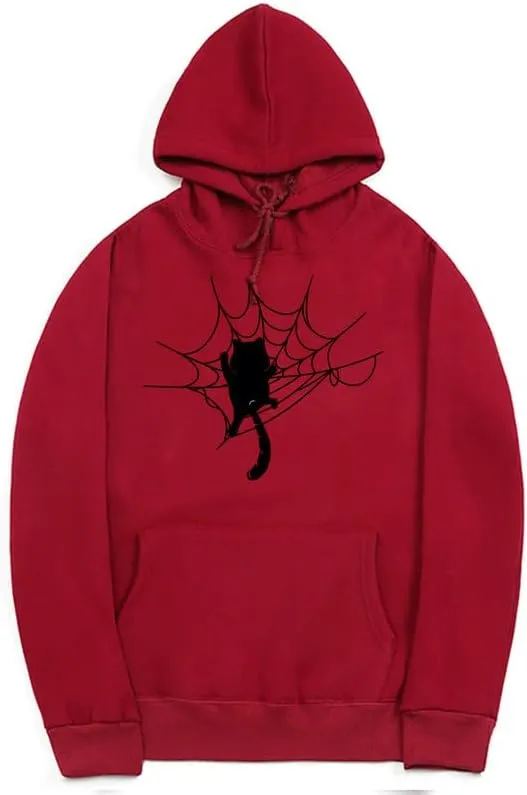 CORIRESHA Halloween Spider Web Hoodie Long Sleeve Drawstring Casual Cat Sweatshirt