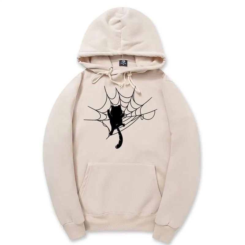 CORIRESHA Halloween Spider Web Hoodie Long Sleeve Drawstring Casual Cat Sweatshirt