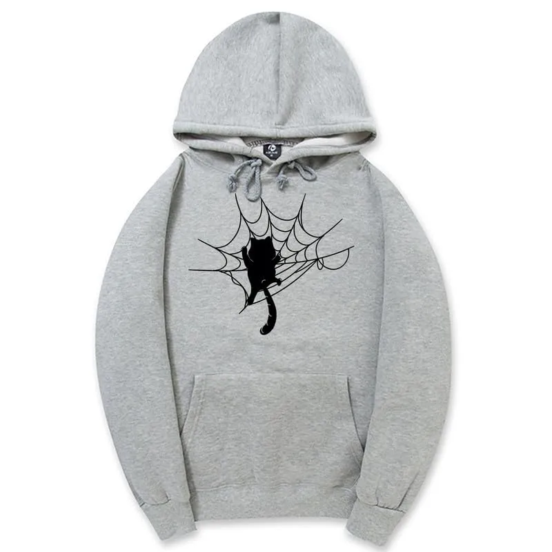 CORIRESHA Halloween Spider Web Hoodie Long Sleeve Drawstring Casual Cat Sweatshirt