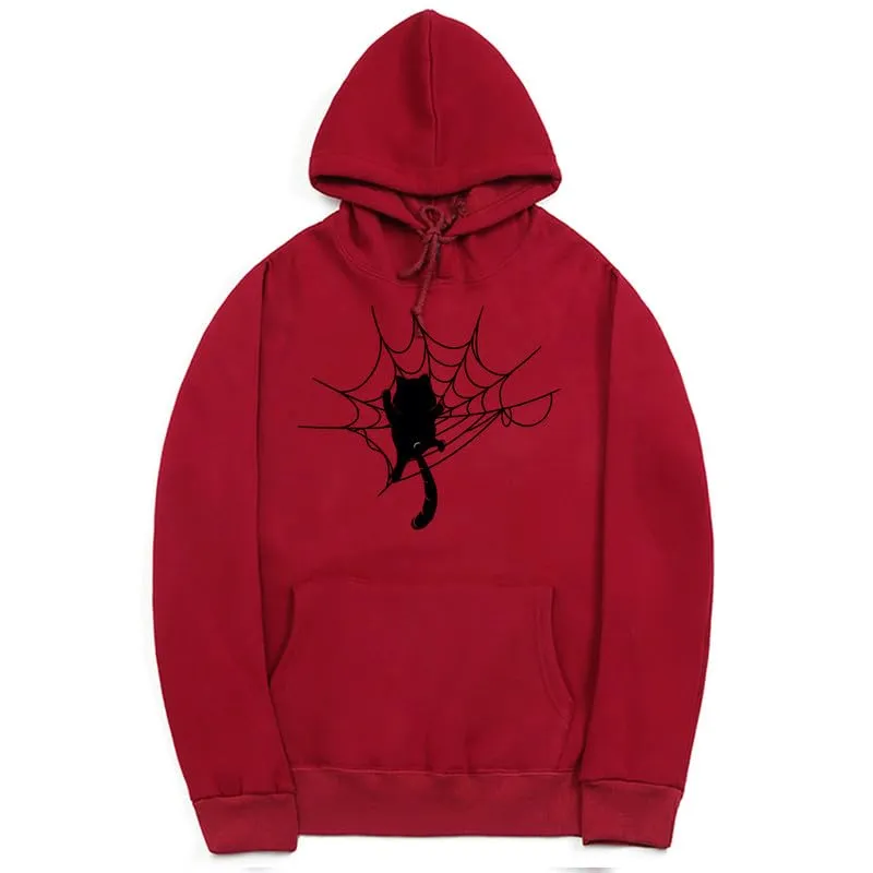 CORIRESHA Halloween Spider Web Hoodie Long Sleeve Drawstring Casual Cat Sweatshirt