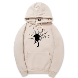 CORIRESHA Halloween Spider Web Hoodie Long Sleeve Drawstring Casual Cat Sweatshirt