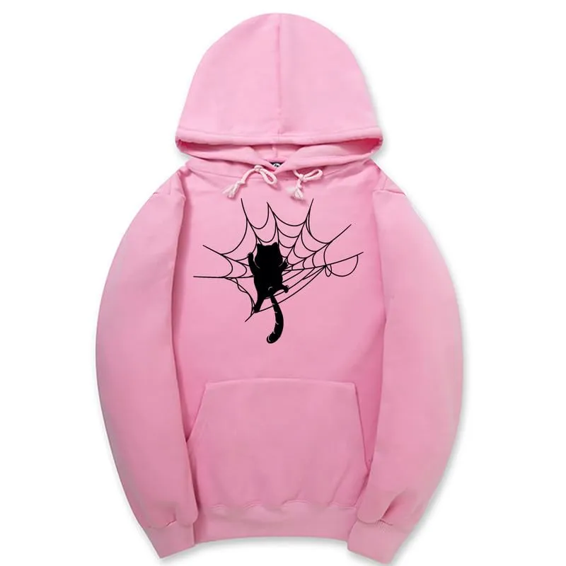 CORIRESHA Halloween Spider Web Hoodie Long Sleeve Drawstring Casual Cat Sweatshirt