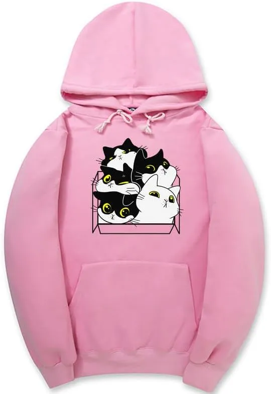 CORIRESHA Unisex Cute Cat Box Hoodie Long Sleeve Drawstring Pocket Casual Sweatshirt