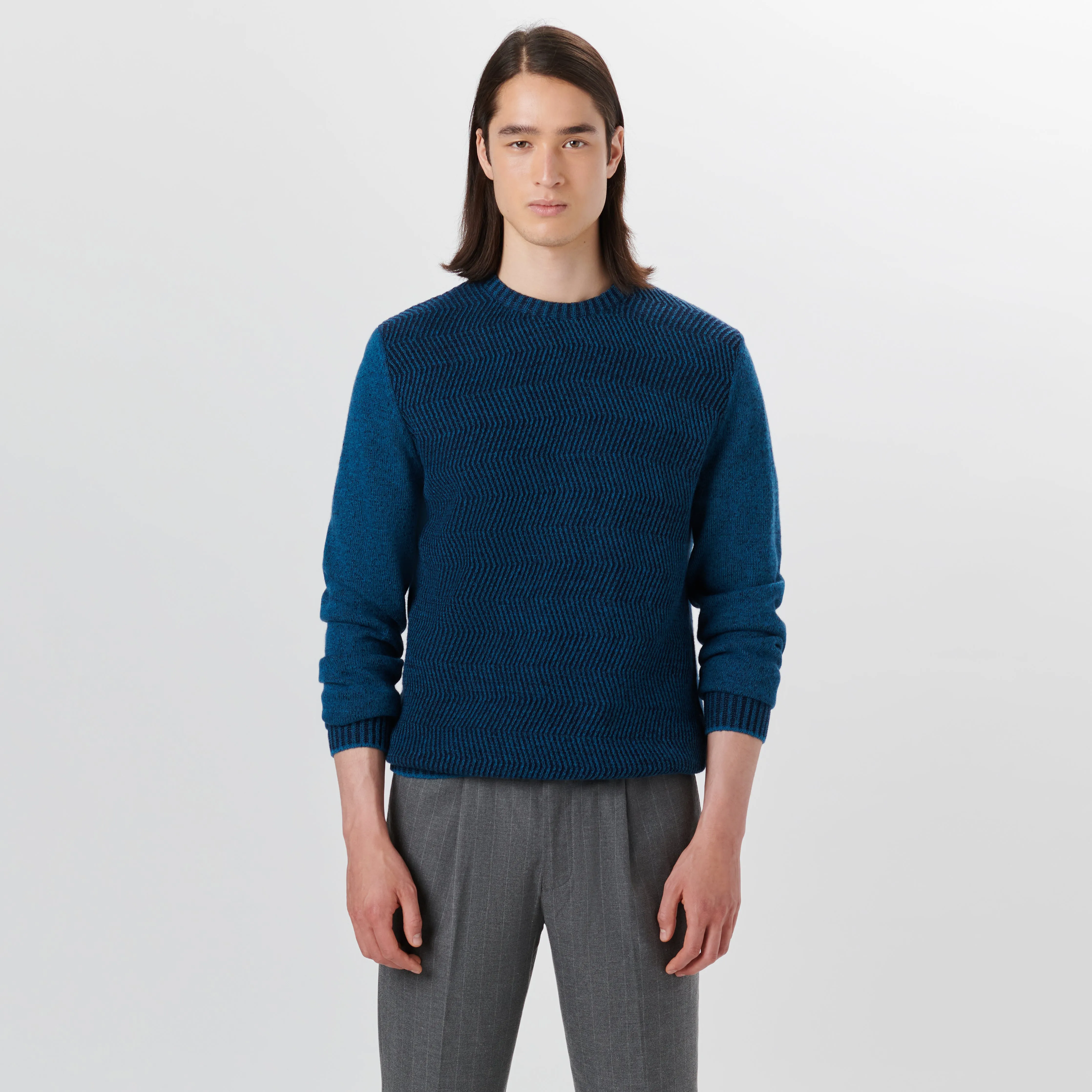 Crew Neck Herringbone Jacquard Sweater