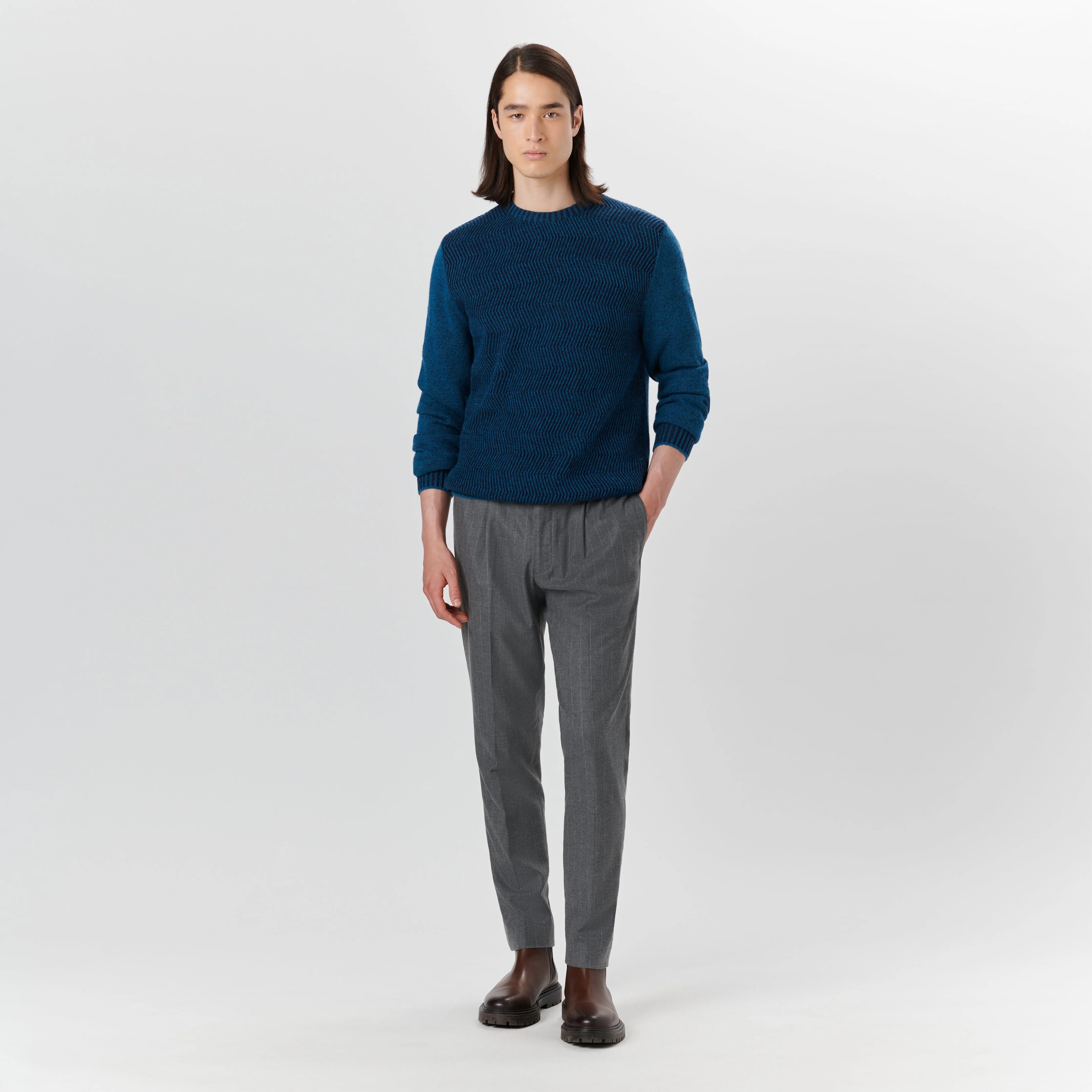 Crew Neck Herringbone Jacquard Sweater