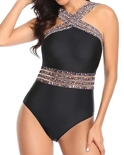 Crisscross Halter Mesh Cutout One Piece Swimsuit