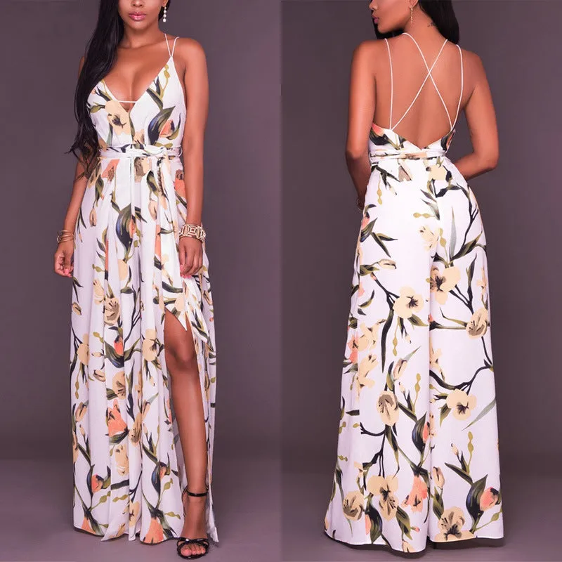 Deep V-neck Spaghetti Straps Print Split Long Jumpsuit