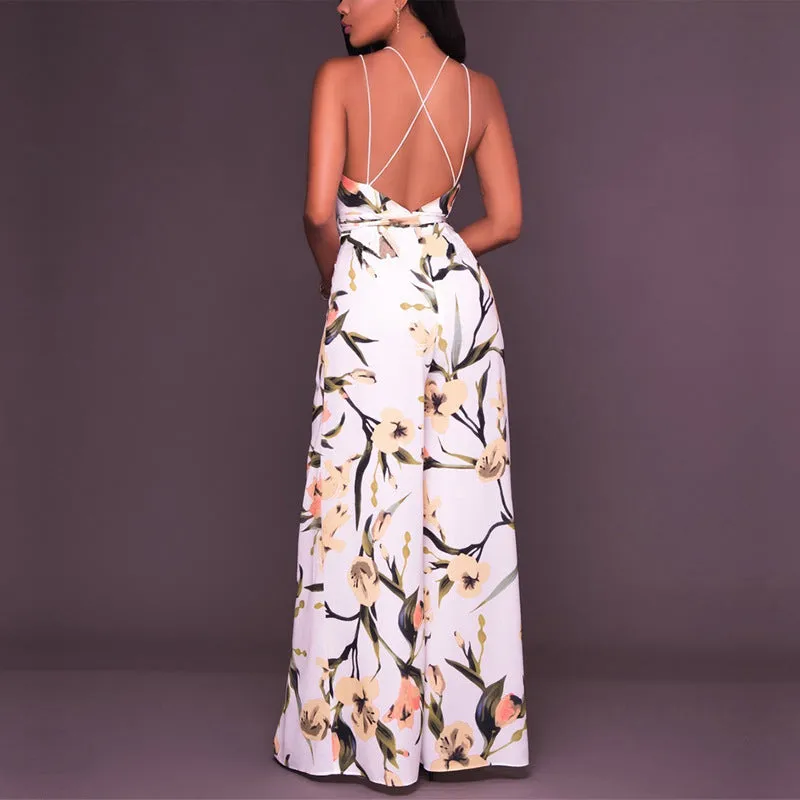 Deep V-neck Spaghetti Straps Print Split Long Jumpsuit