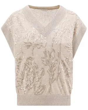 Feather Sequin Embellished Knit Vest