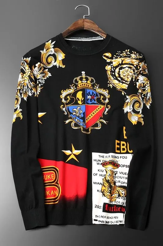 Floral Royal Emblem and Letter Printed Knitted Sweater