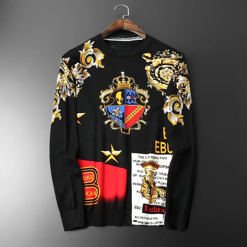 Floral Royal Emblem and Letter Printed Knitted Sweater