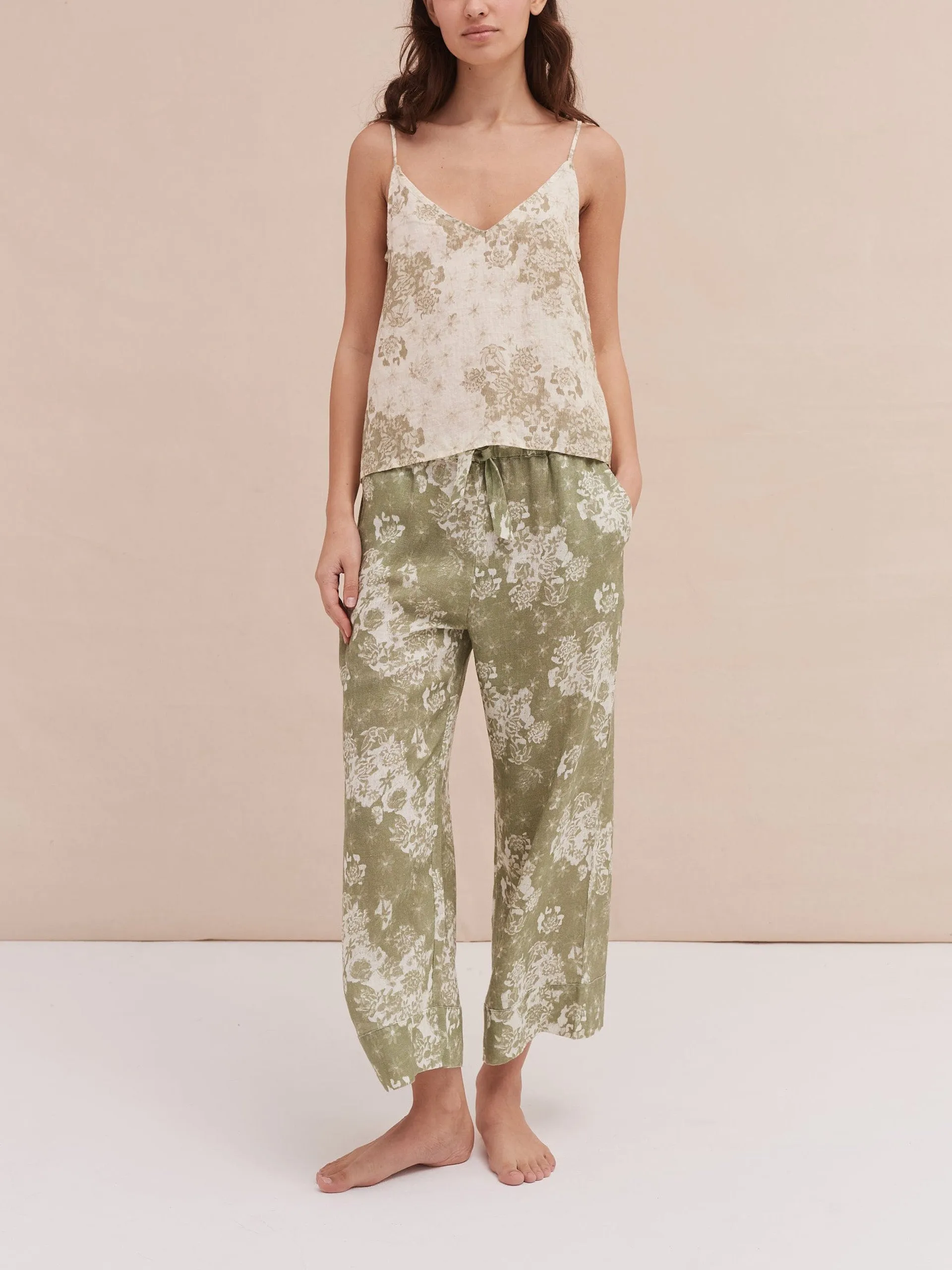 Flowers Of Time print sage green linen cami & wide leg set