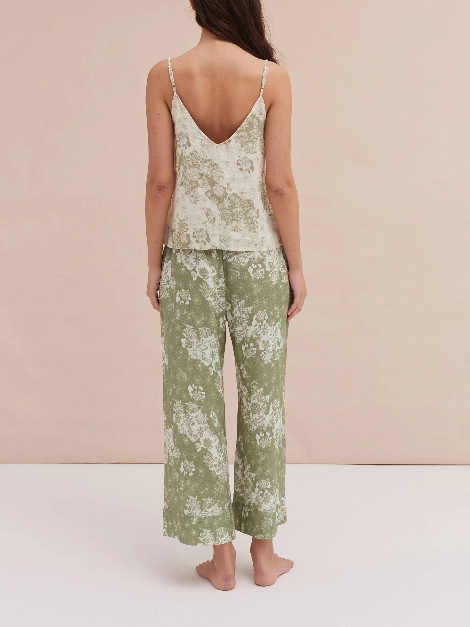 Flowers Of Time print sage green linen cami & wide leg set